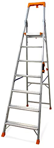 K•LUTECH - Scala pieghevole, scala a pioli, gradino, in alluminio, qualità professionale, comoda maniglia per il trasporto, porta attrezzi in ABS.… (7 Gradini (lavora a 3,4 m))