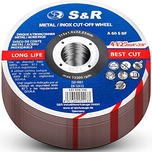 S&R Trennscheibe für Metall, Stahl, Edelstahl/INOX, 115 x 1,0 x 22,23 mm, 4-1/2 x 0,04 x 7/8, A60 S-BF, SET aus 25 Scheiben für Winkelschleifer
