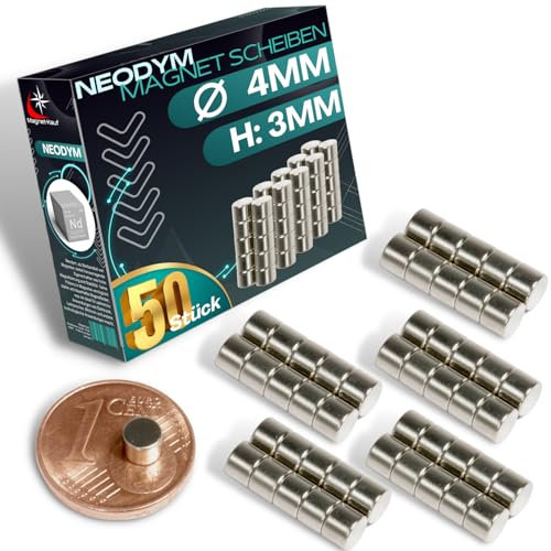 Neodym Magnet N52 4mm x 3mm Scheibe 625g - Zylinder Magnetscheibe 4x3mm - Runde Mini Magnete Rund Scheiben [50 Stück]
