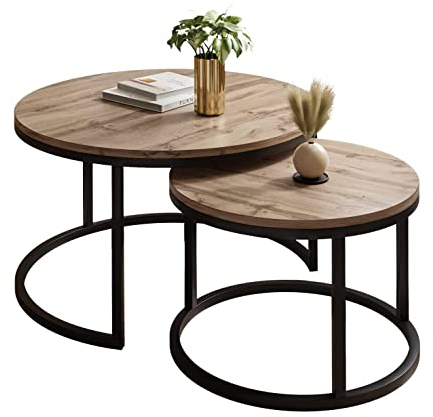 lukmebel Couchtisch rund - CIRI 2in1 - Beistelltisch rund - Kaffetisch - Industrial Deko - Deko Wohnzimmer - Kleiner Beistelltisch - Sofatisch - Kleiner Tisch - Schwarz, Wotan Eiche