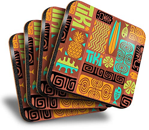 Destination Vinyl ltd Tolle Untersetzer (4er-Set) quadratisch – Tiki Hawaii Surfboard Surfer Drink Glänzende Untersetzer / Tischschutz für jeden Tisch #12891