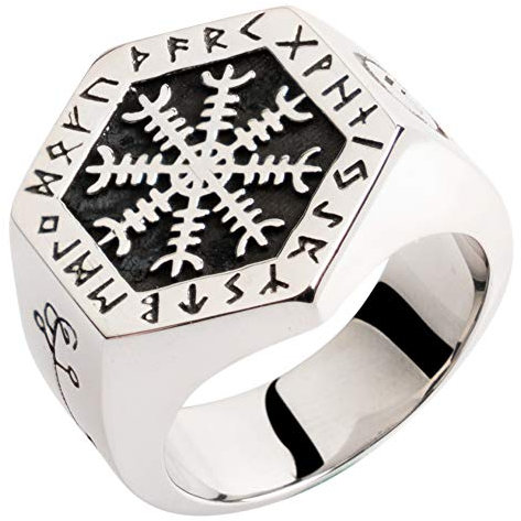 ForFox Titan Edelstahl Aegishjalmur Der Helm der Ehrfurcht Ring Siegelring Nordischer Wikinger Schmuck für Herren Damen,Silber Ton,Größe 67