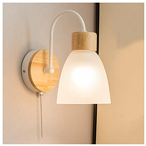 Solid Wood Iron Art Wall Lamp E27 Modern Minimalist Style Glass Wall Sconce with Pull Cord Switch Bedroom Bedside Lamps Study Living Room Balcony Staircase Wall Lamp(5w,3000k),White