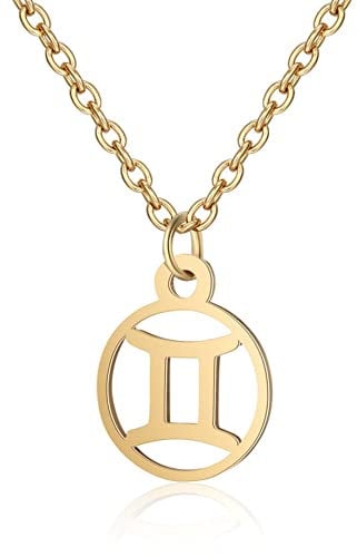 Gold Star Sign Circle Pendant Chain Necklace - Gemini (21st May - 21st June) - Zodiac Constellation Horoscope Celestial Astrology Jewellery - Women Men Gift