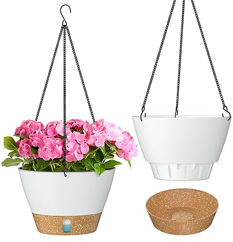 ZMTECH Maceta Colgante de 25 cm Maceta Colgante de 10 Pulgadas con Agujeros de Drenaje Plato para Plantas De Jardín de Casa de Interior Exterior (Blanco, Juego De 2)