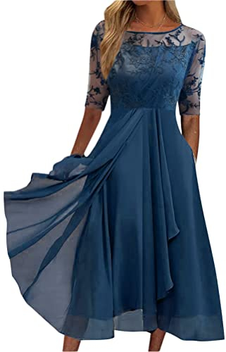 Minetom Damen Kleider Spitzenkleid Chiffon Cocktailkleid Festliches Ballkleid Brautjungfernkleider Für Hochzeit Midi Abendkleider B Blau L