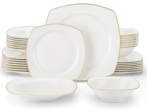 MALACASA Serie RAFA Set di Piatti Quadrato 32 pezzi in Bone China per 8 Persone con Piatti Grandi, Piatti da Dessert, Piatti Fondi e Ciotole, Servizio di Piatti Moderni Bianchi con Bordo Dorato