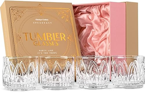 GLASSIQUE CADEAU Set di 4 bicchieri da cocktail in cristallo vintage Art Deco Lowball | Bicchieri corti da 325 ml per bere bevande artigianali da bar | Bicchieri pesanti vecchio stile da donna