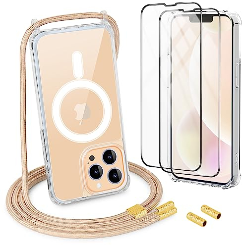 DiDaDi iPhone 14 Pro Hülle mit Band & Magnet - Transparente Handykette, Abnehmbar mit 2X Panzerglas + Kameraschutz | Profi-Schutz Display & Kamera | Magnetisch Kompatibel (Gold)