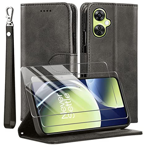 MQERYBV Kompatibel mit OnePlus Nord CE 3 Lite Hülle, Leder Flip Stoßfeste Handyhülle, Magnetische Schutzhülle Silikon TPU [Kartenfach] [Standfunktion][2X Displayschutzfolie] Case -Schwarz