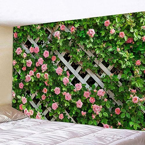 JIANGLANY Garden Tapestry 3D Pink Rose Leaves on Garden Fence Scenery Wall Hanging Decor Aesthetic Floral Background Mural for Living Room Bedroom (5, 150x200cm)