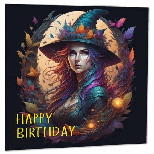 Purple Fox Fantasy Art Geburtstagskarte mit Hexe, 145 x 145 mm