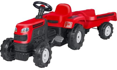 Trattore Rosso a pedali per bambini - Con rimorchio removibile - Sellino ergonomico - Clacson - Dimensioni 144 x 52 x 45 cm - DOLU - Globo Giocattoli 42214