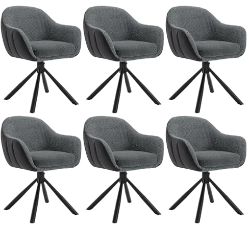 WOLTU Esszimmerstühle drehbar 6er Set, Stuhl Esszimmer, Drehstuhl, Armlehnstuhl, Küchenstühle mit Armlehnen, Polsterstuhl, Sessel, Kunstleder Chenille Metallbeine, Dunkelgrau Anthrazit, EZS04dgr-6