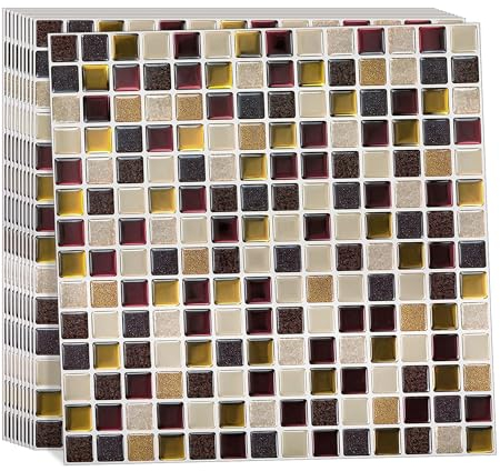 Alwayspon Wandfliesen-Aufkleber, 30,5 x 30,5 cm, Weinrot, goldenes Mosaik, 3D-Vinyl-Wandfliesen-Aufkleber, abziehen und aufkleben, selbstklebend, wasserdicht, Spritzschutz, für Küche, Badezimmer,