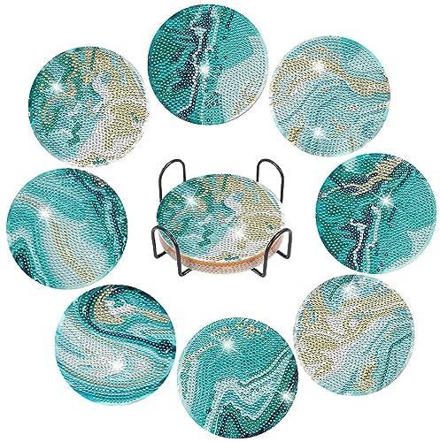 5D Diamond Painting Untersetzer mit Halter,8er Set DIY Ozean Malerei Diamond Basteln Erwachsene Untersetzer Kinder Art Mandala,Kerzen Dekorative Hölzern Untersetzer Getränke Boho Für Gläser Tassen