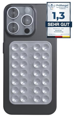 SQUIDPRO® - Silikon Saugnapf Handyhalterung, selbst-klebend, Kompatibel mit Allen gängigen iPhone- und Android Mobiltelefonen BZW. Handyhüllen, Freihändige Halterung für Selfies (Transparent)