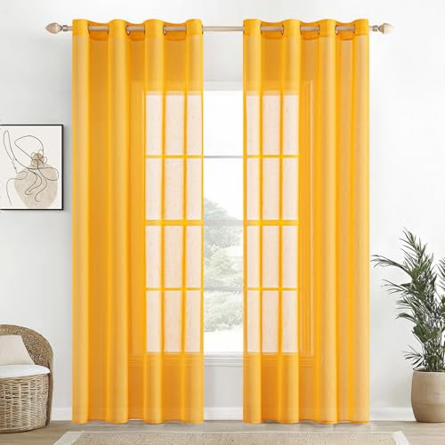 EMEMA Voile Vorhang Sheer Leinenvorhang Transparente Leinen Gardinen Ösenschal Wohnzimmer Wohnzimmer Modern 2er Set Fensterschal Dekoschal Schlafzimmer mit Ösen 140 x 225cm (B x H) Gelb