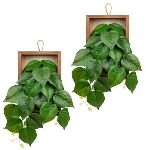 Hollyone 2PCS Hanging Artificial Plants with Wooden Frame, Dual-use Fake Jade Pothos Faux Indoor Plants, Trailing Greenery for Desk, Bathroom, Bedroom Wall, Kitchen Decorations