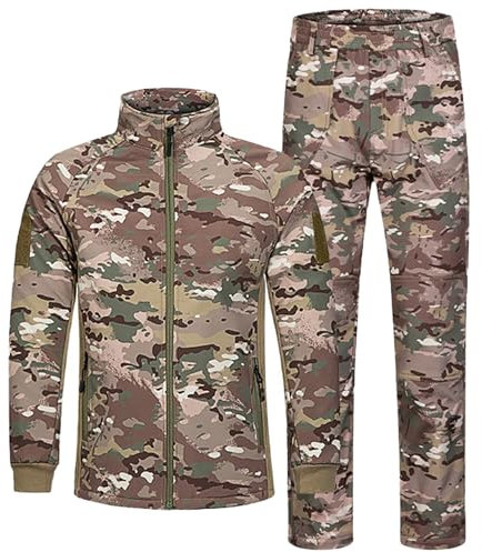 QIYUANT Kinder Outdoor Taktische Bekleidung Camo Softshell Jacke & Hose Sets Fleece Gefüttert Airsoft Militär Camouflage Winter Kampf Jagd Wandern Camping für Junge Mädchen (CP/Jacke + Hose, 120)