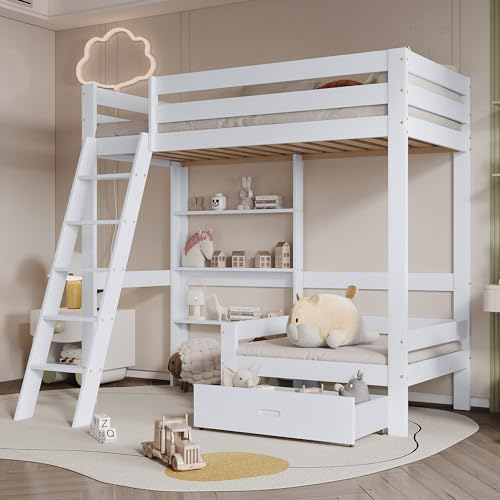 Lexiou 90x200 cm Etagenbett mit Regalen und Sofa, Holzbett mit Einer Schublade, Kinderbett mit fünfstufiger Schrägleiter, Bettrahmen aus Massivholz