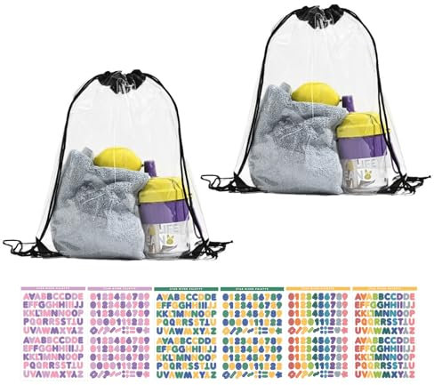 2 Stück Transparenter Turnbeutel, Turnbeutel Transparent Kordelzug Rucksack mit 6 Stück Buchstabenaufkleber, Turnbeutel Durchsichtig Festival Durchsichtiger Rucksack Festival für Sport Outdoor Schule