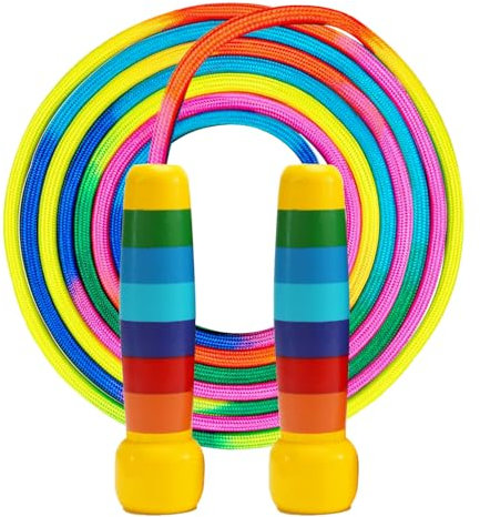 Springseil Kinder Lang, 5M Seilspringen für Mehrspieler, Regenbogen Gruppen Seil mit Holzgriff für Kinder und Erwachsene