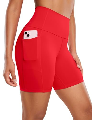 CRZ YOGA Naked Feeling Damen Radlerhose mit Taschen Hohe Taille Yoga Shorts Kurze Sporthose Sport Leggings Sportshorts - 15cm Tiefrot 42