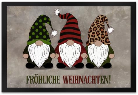 speecheese DREI Wichtel - Fröhliche Weihnachten Fußmatte XL in 40x60 cm Weihnachten animiertes Bild grüner Hut roter Leopardenmuster - Perfekte Fußmatte XL in 40x60 cm für Festtage