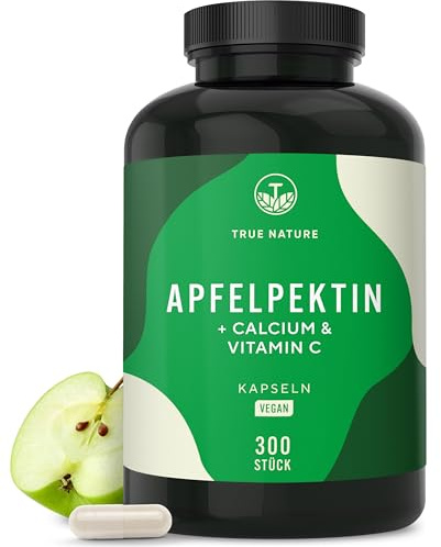 TRUE NATURE Apfelpektin - Hochdosiert - 3000mg/Tag - 300 Kapseln | Ballaststoffreich, Calcium für Verdauungsenzyme, Vitamin C für Zellschutz - vegan, laborgeprüft & in Deutschland produziert
