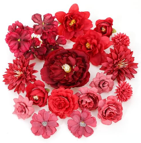 MWOOT 17 Pieces Fleurs Artificielles, Têtes de Fleurs Rose Pivoine Nénuphar Artificielles, Fausse Fleur Decoration pour DIY Bouquet Couronne Mariage Fête Festival Maison Jardin Artisanat(Rouge)