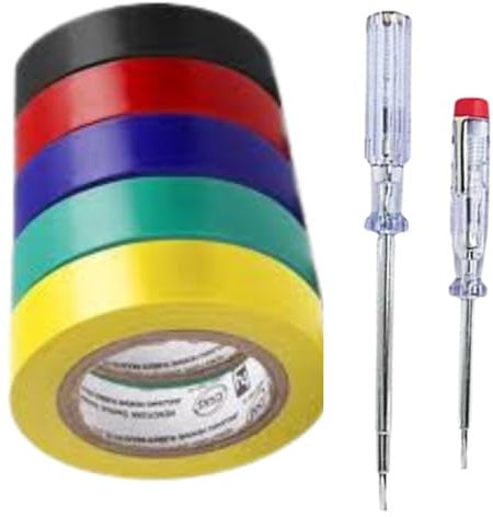 Joroba Electrical Tape 6Pack Voltage Testers - Combo Pack 5 Colours PVC Insulating Tape with 2 Size Mains Testers 100-250V Range - Electrical ScrewDriver Set with 8M Long PVC Water Proof Tape
