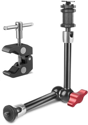 JEBUTU 11 Magic Arm with Super Clamp, Overhead Camera Desk Mount for Action Camera, Articulating Friction Arm with Cold Shoe Mount for Monitor, LED Light, Microphone - Black Red