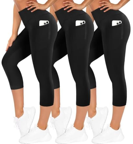 TNNZEET 3er Pack Leggings Damen 3/4 mit Taschen Capri für Sport, High Waist 7/8 Caprihose Sporthose für Gym(Schwarz/Schwarz/Schwarz,4XL)
