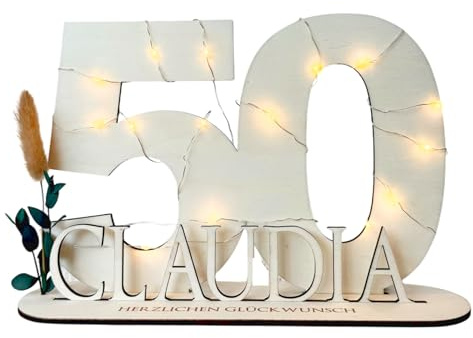 50. Geburtstag Geschenk Frauen & Männer Geldgeschenke runder Geburtstag 50 mit LED Lichterkette I Gästebuch Holz 50 Geburtstag Deko I Personalisiertes Geburtstagsgeschenk mit Namen (50)