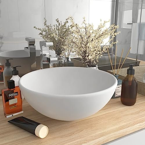 Myheimly Luxus Waschbecken mit Abflussloch Waschschale Aufsatzwaschbecken Waschtisch Waschplatz Handwaschbecken Rund 32,5x14cm Keramik Matt-Weiß