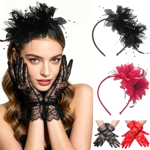 FOSDICK 2 Pcs Fascinator Damen und 2 Paar Spitzenhandschuhe, Fascinators Haarschmuck Schwarz Rot, Fascinator Hut Damen Elegant, 50er Jahre Accessoires Frau für Party Kirche Cocktail Fasching Karneval