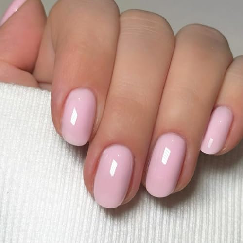 Pink Press On Nails Short Oval - 24PCS Light Pink False Nails Coffin - Solid Color Glossy Gel Fake Nails with Glue - Reusable Cute Acrylic Stick on nails for Women Girls Daily Wear