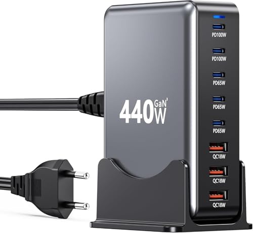 Suoxiom 440W USB C Ladegerät Mehrfach- 8 Ports schnellladegerät USB c mit PD 100W Laptop-Ladegerät//18W QC, kompatibel mit MacBook Pro/Air, i-Phone 16/15, i-Pads, Sumsung