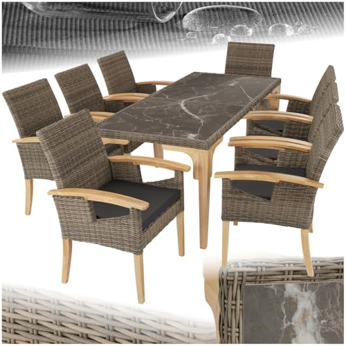 tectake® Rattan Möbel Set, 8X Stühle, 1x Tisch, modern, Korbsessel mit Armlehne, Esstisch Marmor Optik, Esszimmer Lounge Gartenmöbel für Balkon, Terrasse, Wintergarten, Outdoor Küche - Natur
