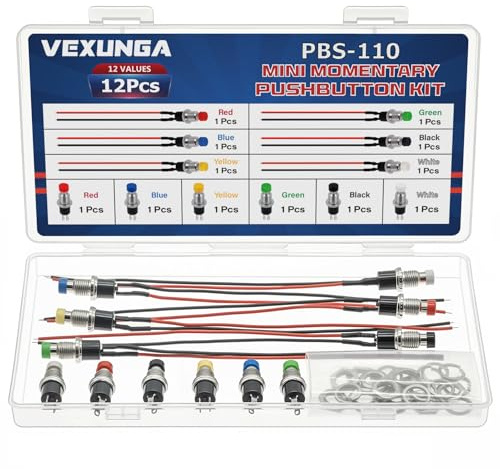 VEXUNGA Mini Momentan Druckschalter 1A 250V AC EIN/AUS 6Stück Drucktaster Vorverkabelt und 6 Stück 2Pin Mini Runder Momentan Drucktasten Tastschalter Set (12 Stück)