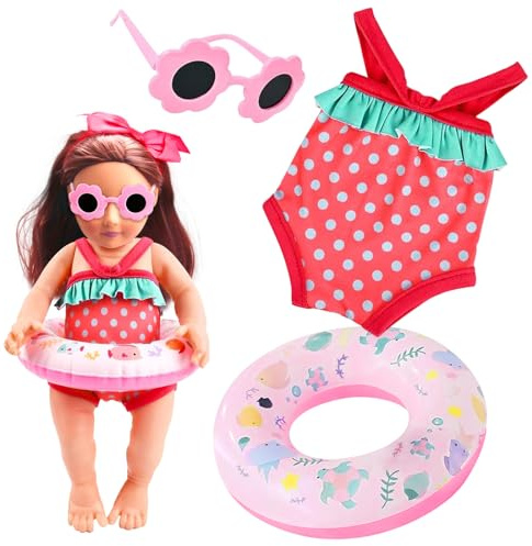Randomgo Schwimmset für Puppen, Sommer Puppenkleidung, Puppenzubehör mit Badeanzug Schwimmring Sonnenbrille Clogs für 35-45 cm Puppen (A)