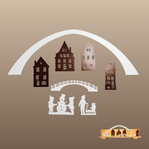 weigla - Figurenset 8 TLG. original Erzgebirge I Motiv Aldstadt weiß/braun I Figurenset für Dekosockel I detailreiche Holzkunst I Weihnachtsdeko mit Fachwerkhäusern, Kindern, Einer Brücke & Bogen