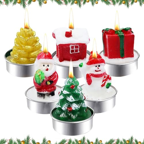 Weihnachts-Teelichter Set 6er Handgemacht | 6 Motive, Rauchfrei, Weihnachtsmann, Schneemann, Tannenbaum, Deko für Weihnachtstisch, Adventskranz, Geschenk