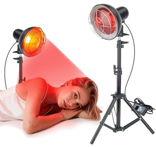 Rkdely Rotlichtlampe 150W, Einstellbare Temperatur & Timer | 30–60 °C Grad Celsius Tiefenwärme, 50% mehr Durchdringung. 10 Temperaturstufen, Timer 5–60 Min., Höhe 58–116 cm verstellbar