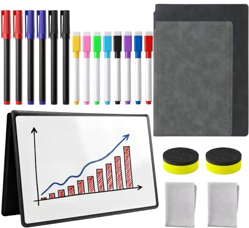 2 Stück Abwischbares Whiteboard Notizbuch, A4/A5, Tragbare, Doppelseitig | White Board Set, Klappbar, PU-Leder, mit Markerstift Schwammgummi und Tuch, für Büro, fürSchule, für Zuhause