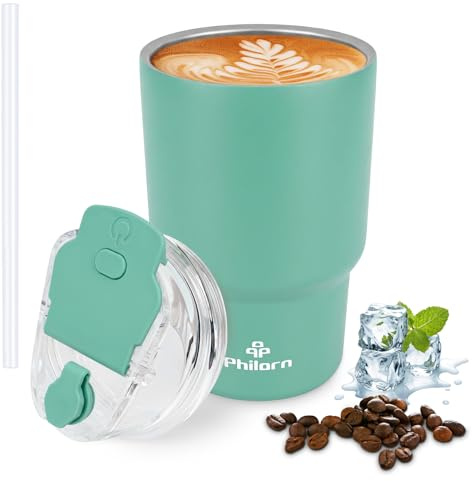 Philorn Coffee Cup Travel Mug, 14OZ/400ml Insulated Coffee Cup | with Double Wall, Reusable Travel Coffee Mug with Lid & Straw, Black Travel Cup for Hot and Cold Drinks (Green)