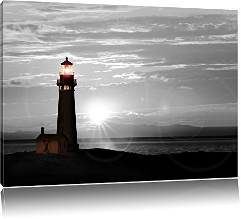 Pixxprint Großer Leuchtturm im Sonnenuntergang Schwarz, B&W, Größe: 120x80cm, Leinwandbild, fertig gespannt, Wandbild, Dekoration, Kunstdruck, kein Poster