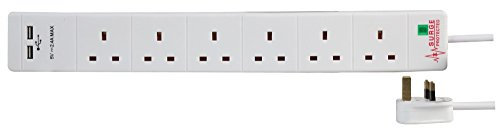 Pro Elec PEL00115 6 Gang Surge Protected Extension Lead with 2 x 2.4 V USB Charging Sockets, 5 m