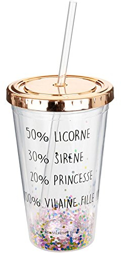 Les Vilaines Filles 38-VF-017 Verre hermétique Licorne sirène princesse vilaine fille Avec couvercle et paille Transparent et paillettes D10 x H16 cm